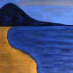 A painting by John Shultz of a beach, lake, and distant dune.