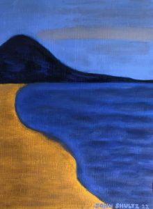 A painting by John Shultz of a beach, lake, and distant dune.