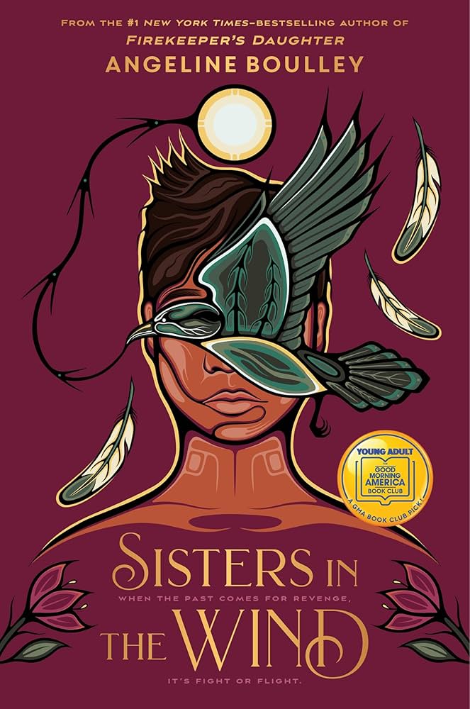 The cover of Sisters In The Wind by Angeline Boulley. The cover features a red background with artwork of a woman whose face is obscured by a bird.