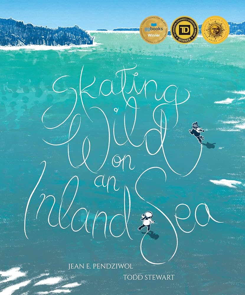 Cover of the book Skating Wild on an Inland Sea. The cover features an illustration of a frozen lake with a small figure skater. The skate marks in the ice form the script of the title.