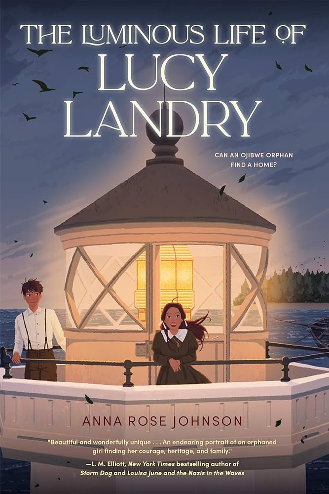 A book cover with cartoon graphics of a young woman standing on the decl of a lighthouse with a young man a few feet behind her.