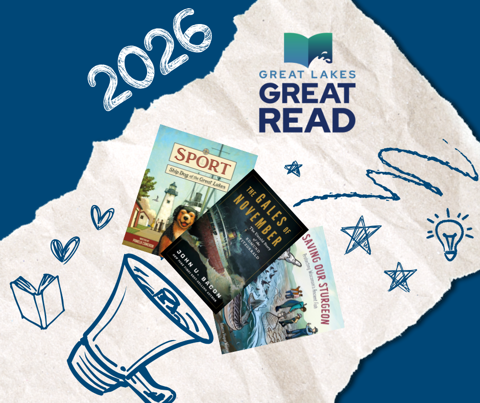 A graphic featuring a megaphone, three book covers, and the Great Lakes Great Read logo.